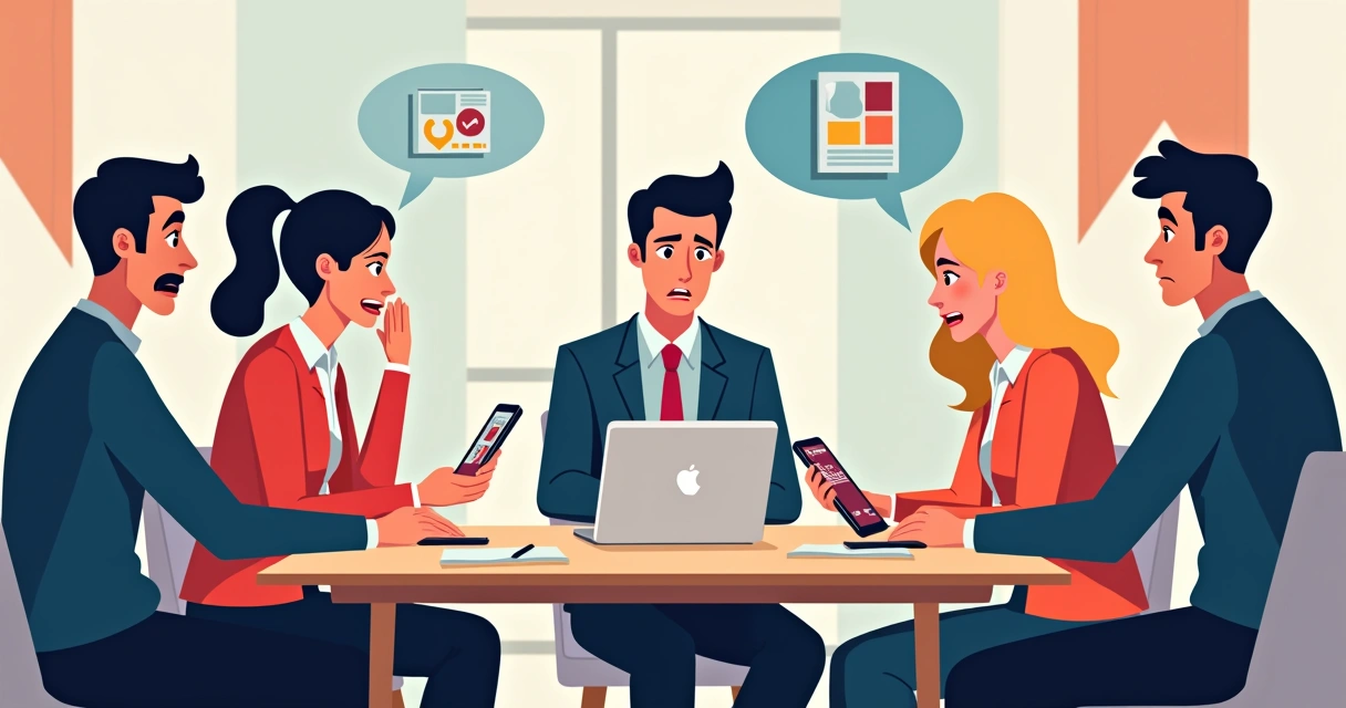 Membros de sindicato analisando notícias em diversos dispositivos digitais 