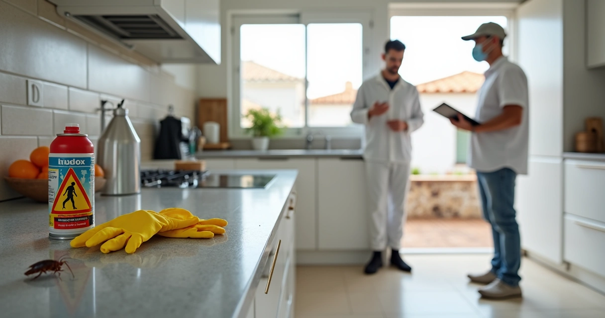 Dona de casa em cozinha do Algarve observa comparativamente spray químico e técnico de pragas 