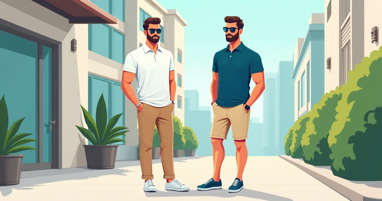 Homem combina camisa polo, calça bege e tênis branco, ao lado outro homem de polo azul e bermuda