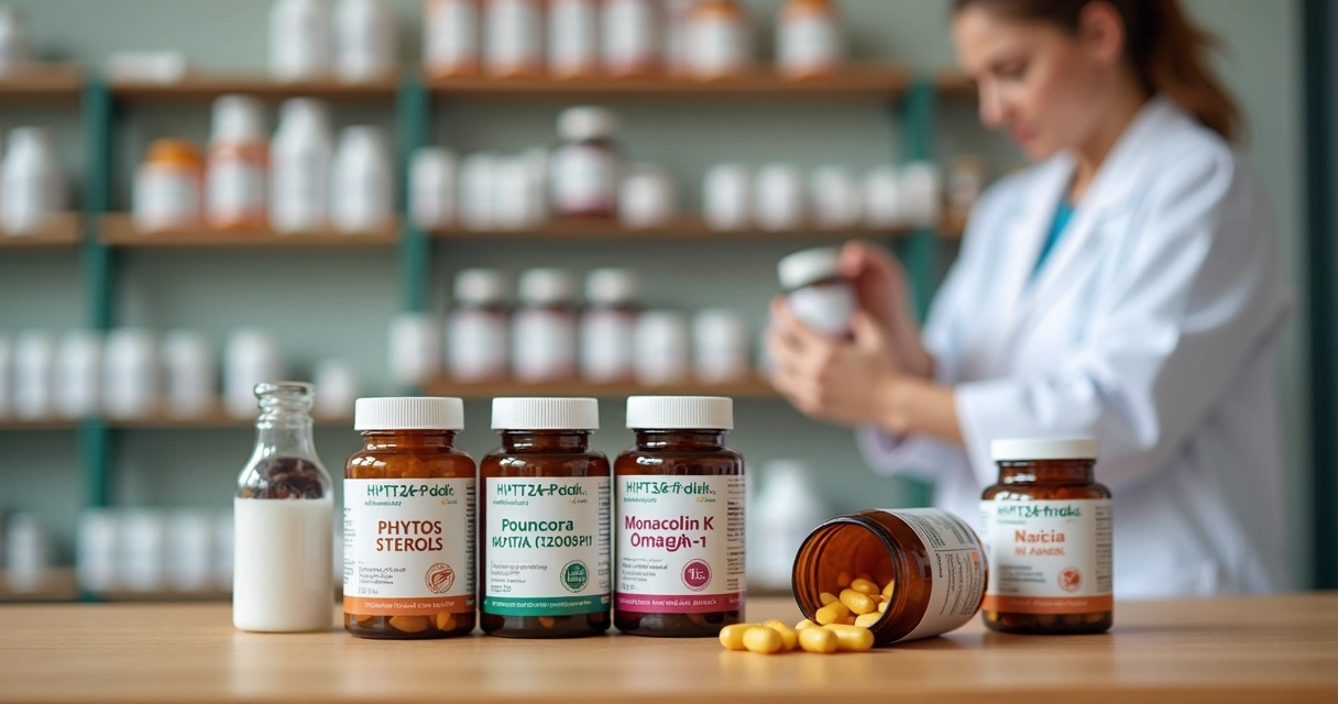 Potes de medicamentos com rótulos de ativos e fórmulas variadas