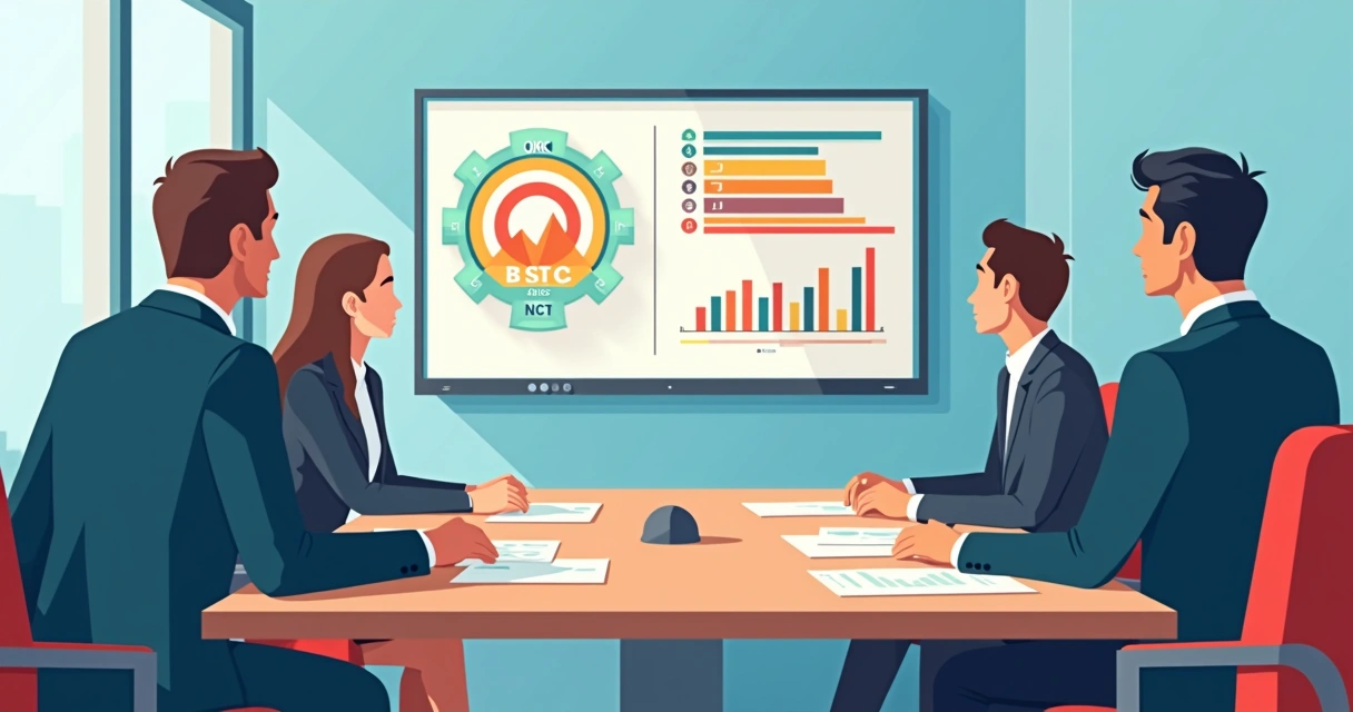 Equipe de gestão discutindo gráficos integrados de OKR, BSC e NCT em sala de reunião 