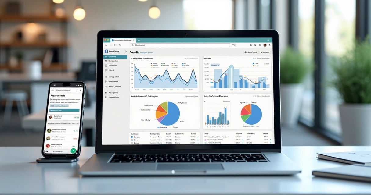 Mesa de escritório com laptop exibindo gráficos de anúncios e redes sociais, mostrando análise de tráfego pago e orgânico alinhados lado a lado 