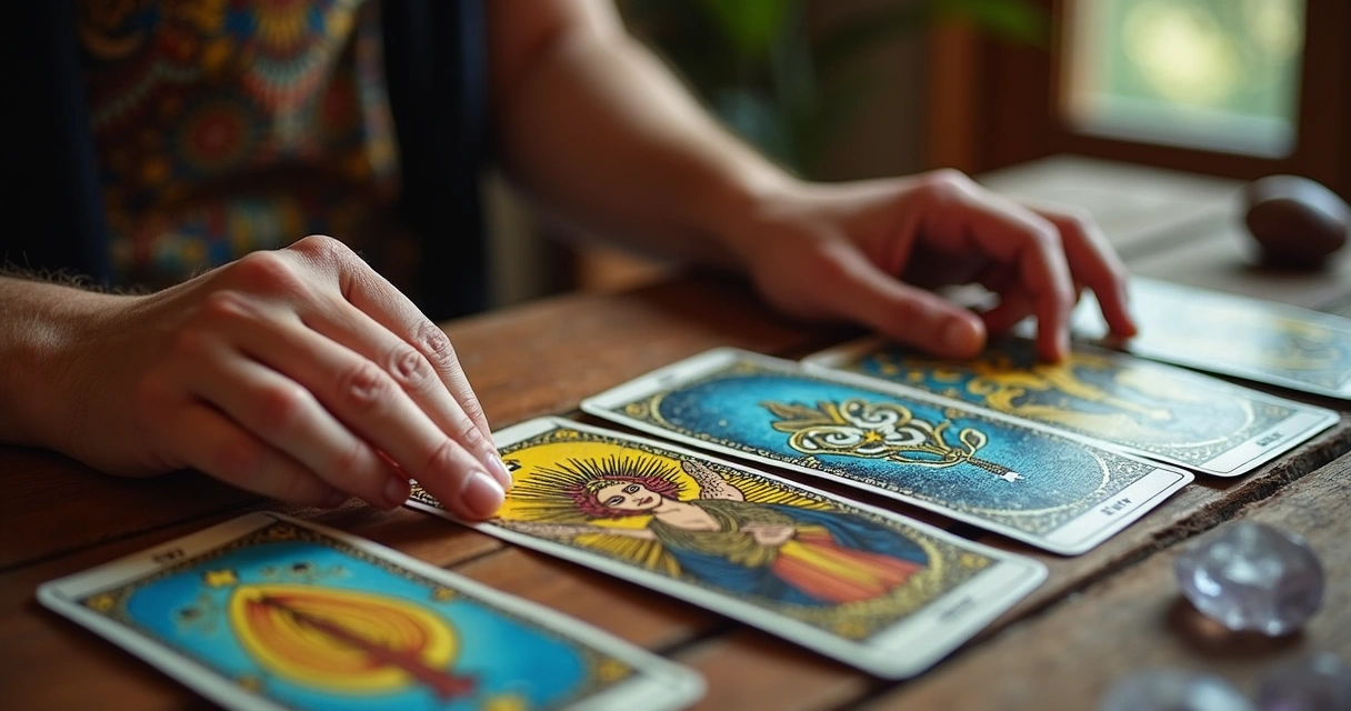 Cartas de tarot coloridas e dispostas sobre mesa de madeira 