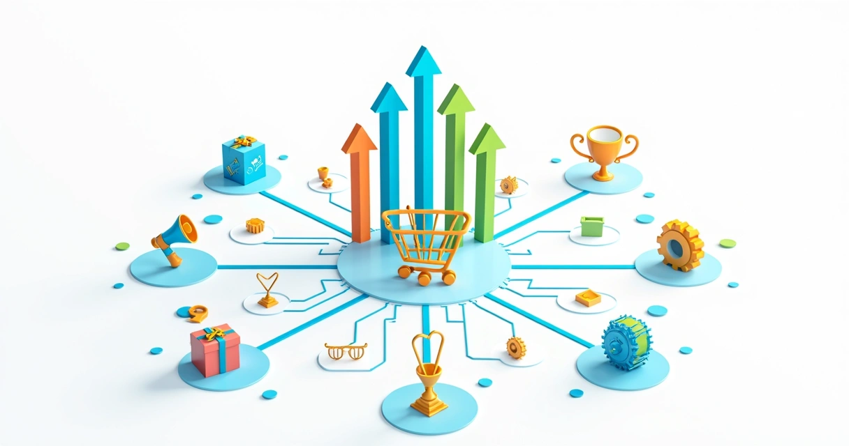 Elementos de ecommerce conectados por linhas formando uma estratégia 
