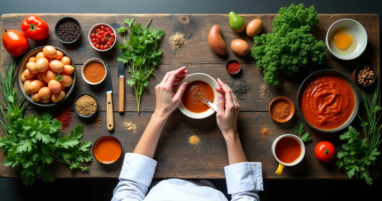 Ingredientes variados em bancada de cozinha profissional 