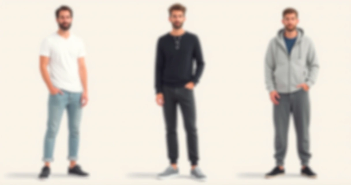 Diferentes homens mostrando combinações de roupas básicas masculinas