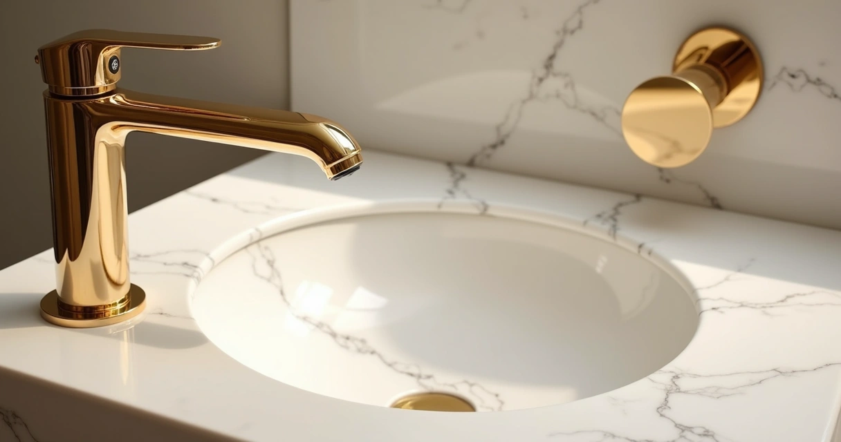 Detalhe de pia com mármore branco e metais dourados 