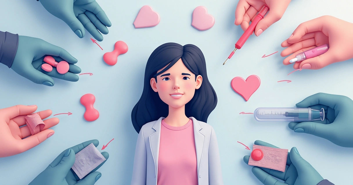 Representação de vários métodos de prevenção sexual ao redor de uma pessoa 