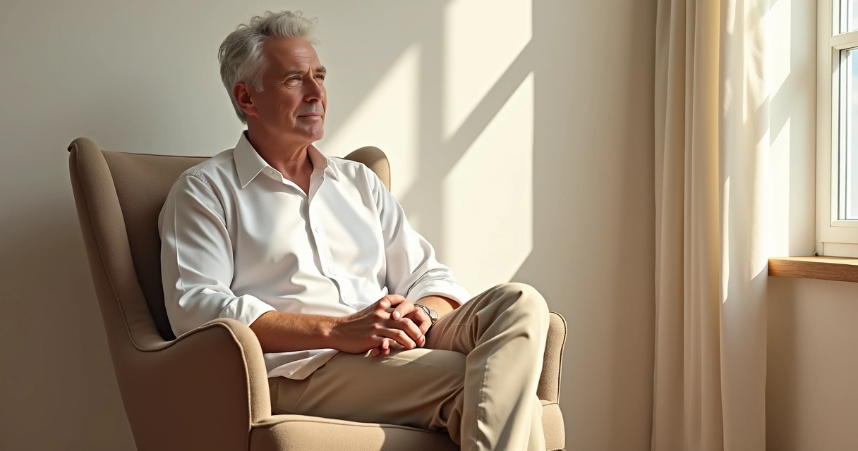 Homem acima dos 40 usando look monocromático bege sentado em poltrona