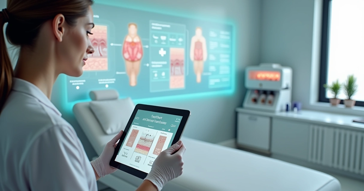 Profissional da saúde estética analisando combinações de procedimentos em painel digital 