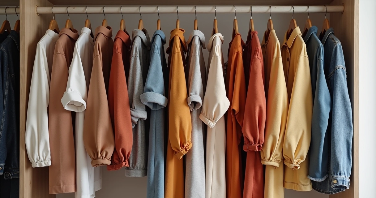 Coleção de roupas em um guarda-roupa organizado com peças neutras e coloridas, acessórios variados e sobreposições para looks versáteis 