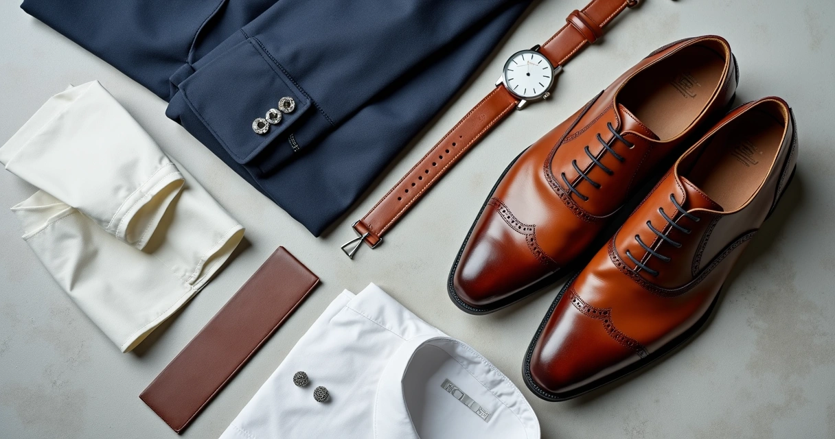 Flat lay de sapato masculino marrom com cinto e relógio combinando 