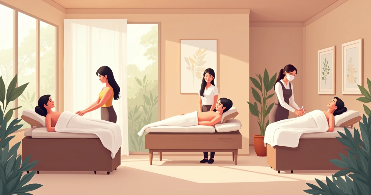 Ilustração de várias técnicas de bem-estar sendo aplicadas em diferentes pacientes em um espaço de clínica de estética 