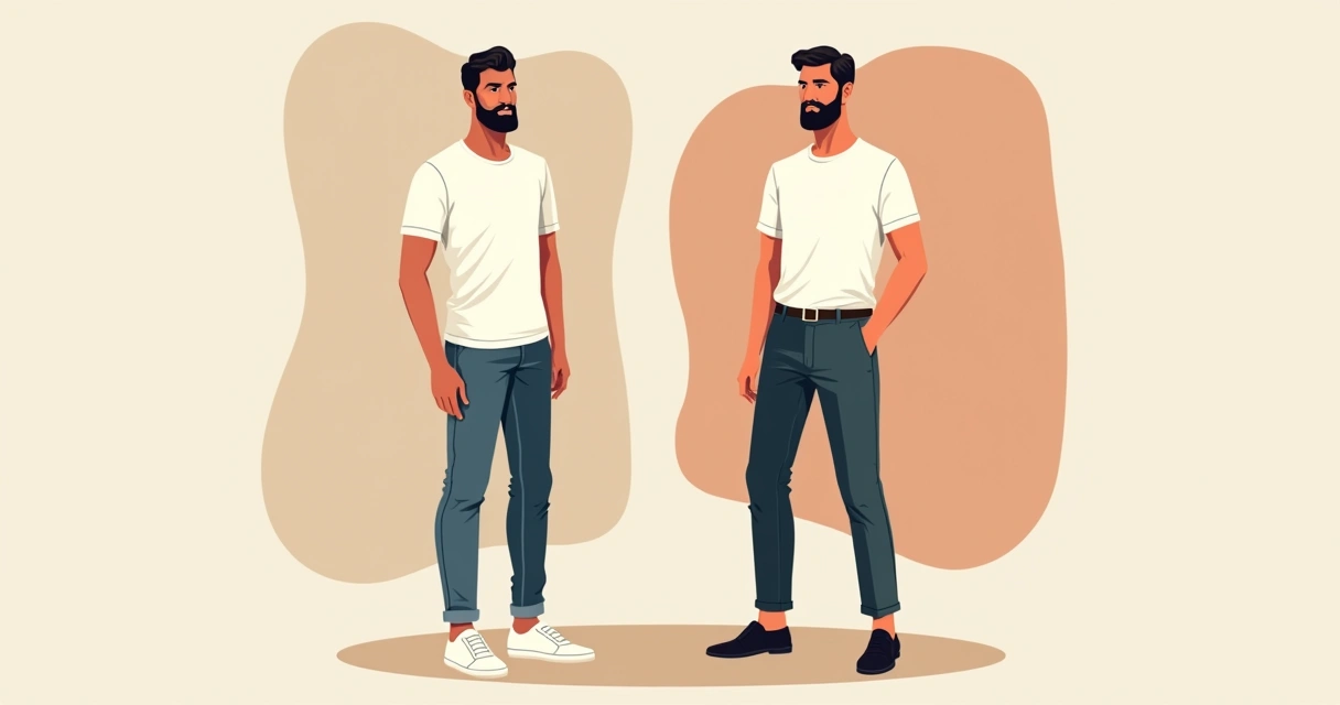 Combinações de camisetas de algodão egípcio masculinas em looks casuais e sofisticados, com calças e bermudas.