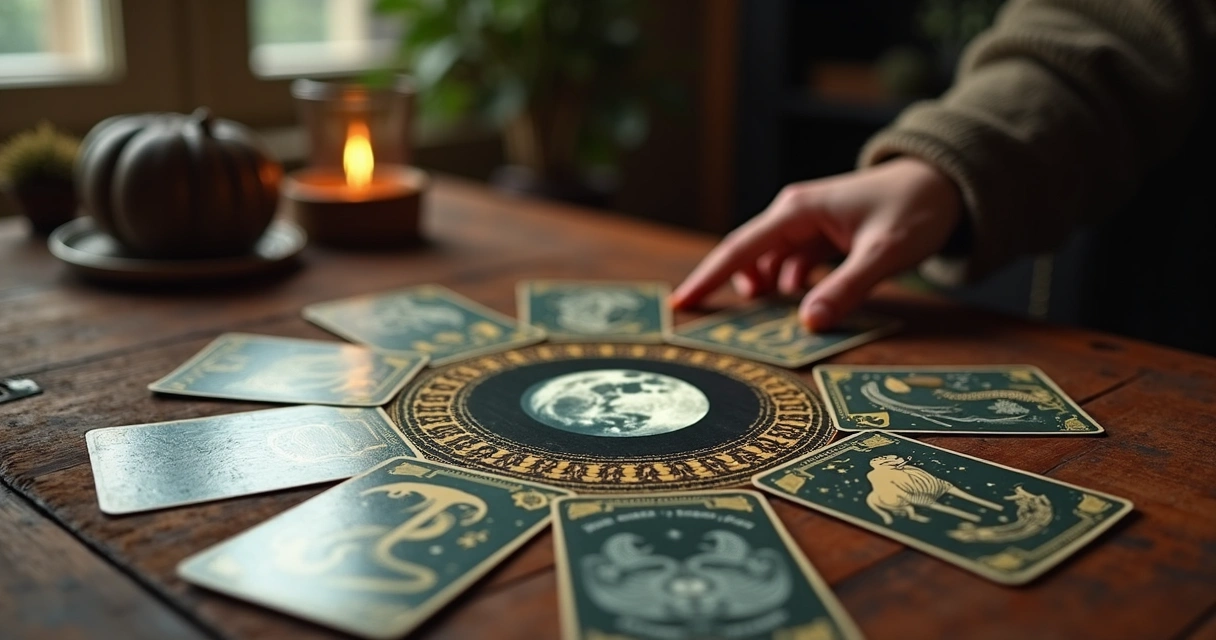 Cartas do baralho cigano dispostas em uma mesa, destaque para combinações envolvendo a Lua