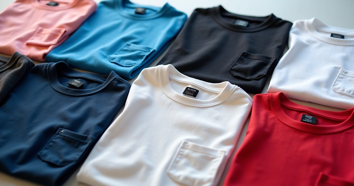 Diversas camisetas dobradas exibindo cores diferentes 