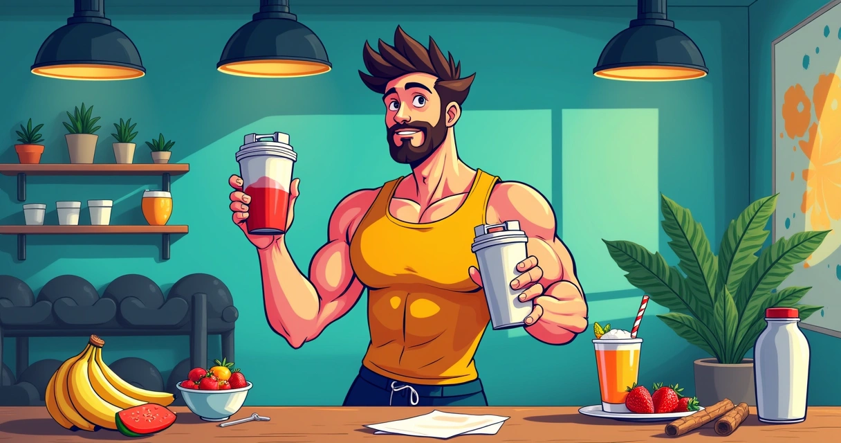Atleta segurando creatina e proteína em uma academia, com banana, batido e beta-alanina ao fundo.