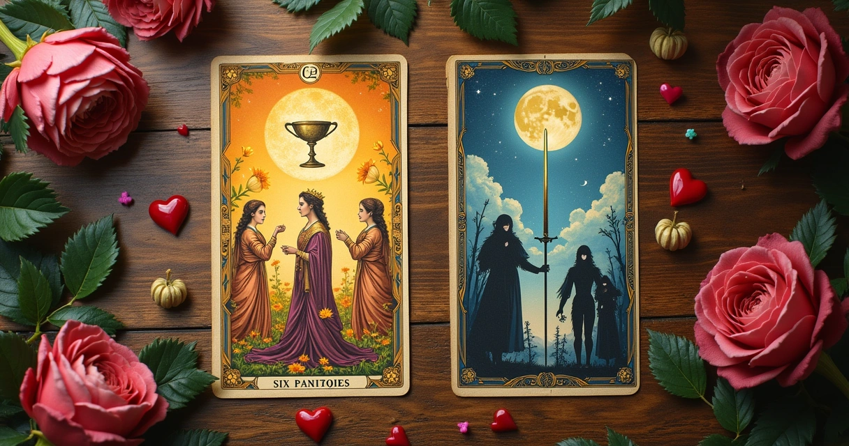 Composição artística de cartas de tarô: Rainha de Copas e Seis de Ouros à esquerda, Nove de Espadas e Lua à direita.