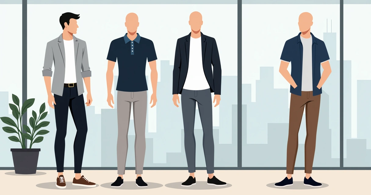 Diferentes combinações de roupas masculinas em um fundo de escritório corporativo