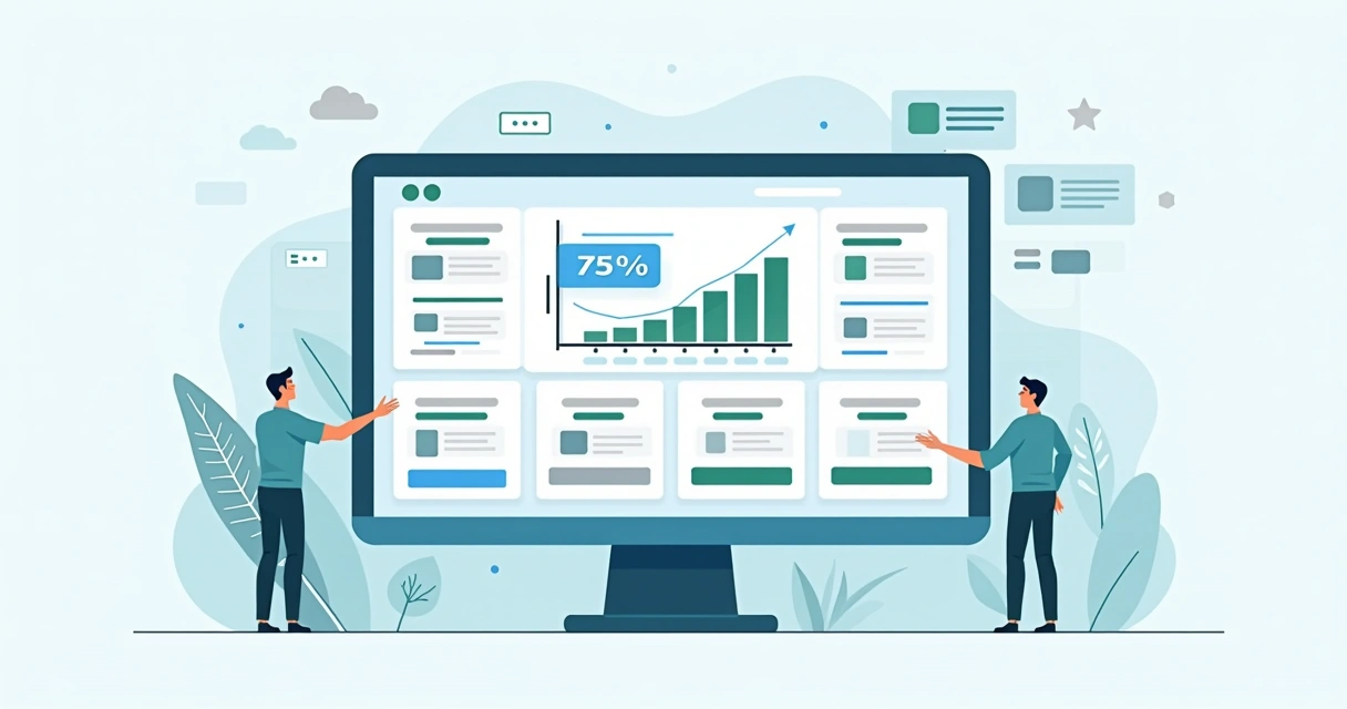 Ilustração com combinações de títulos, imagens e botões em uma landing page 