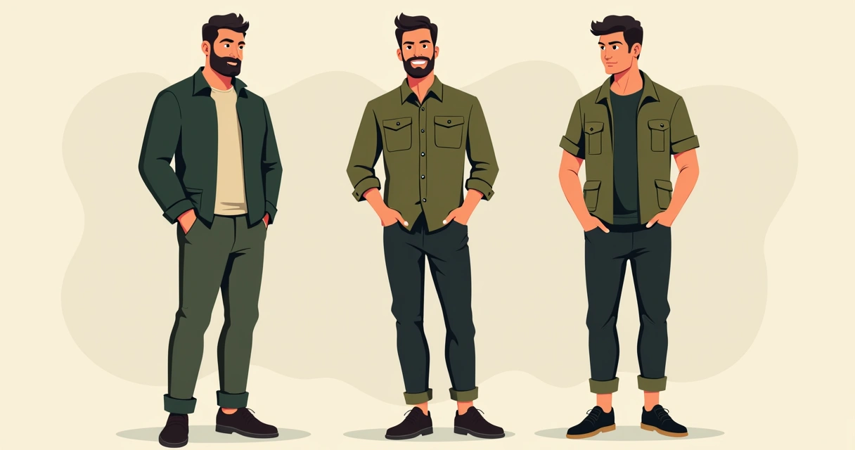 Três combinações de roupas masculinas com referências militares