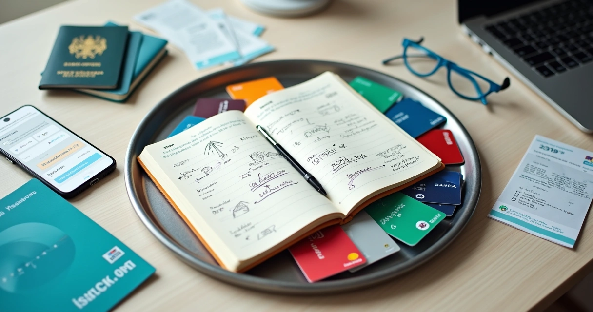 Cartões de programas de fidelidade formando mosaico ao redor de mapa de viagem 