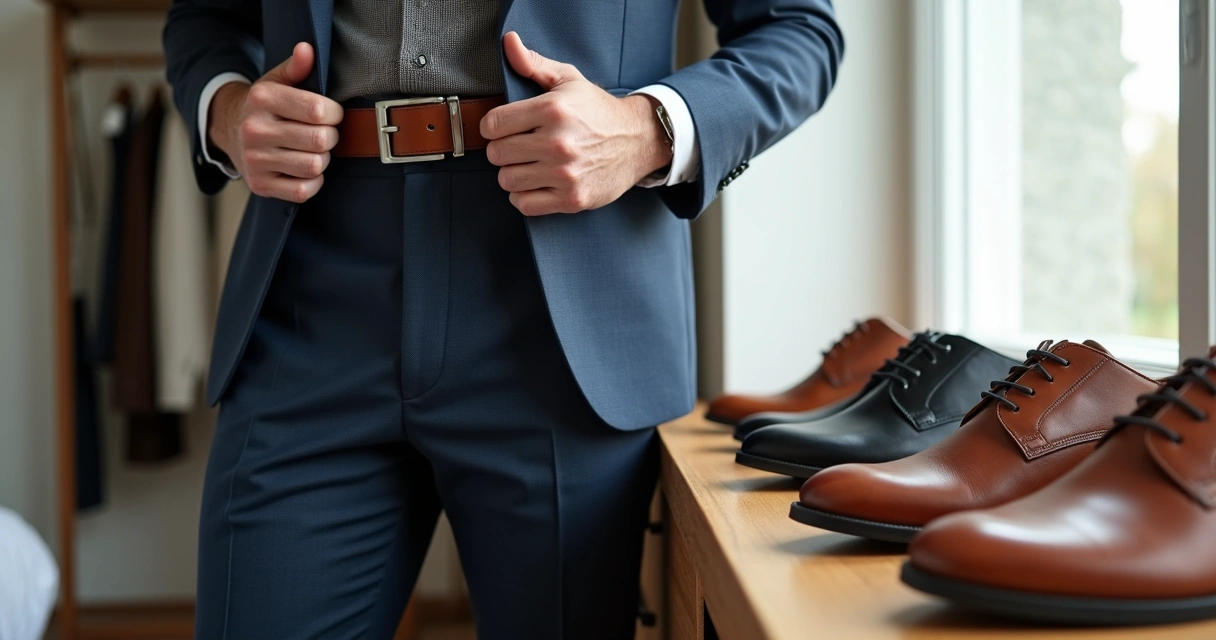 Homem ajustando cinto de couro combinando com sapatos sociais sobre aparador de madeira 
