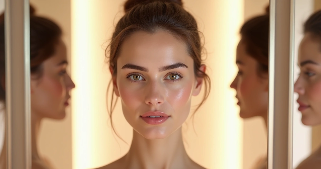 Rosto feminino refletido em espelhos exibindo diferentes focos de tratamento estético facial 