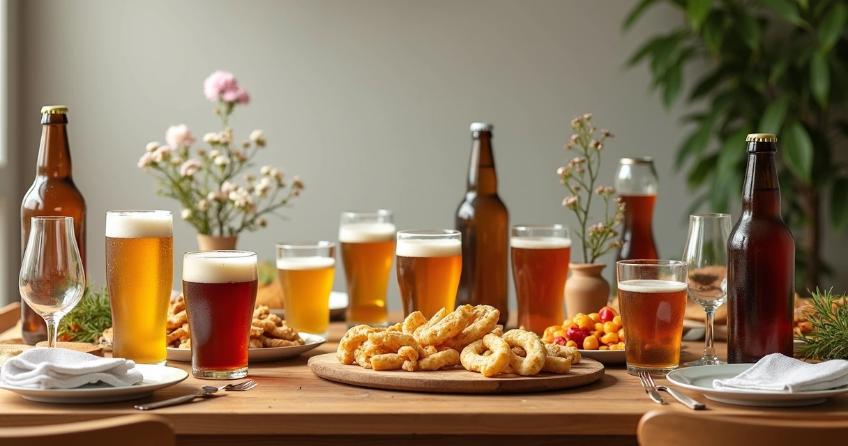 Mesa de madeira posta com combos de bebidas, copos e petiscos 