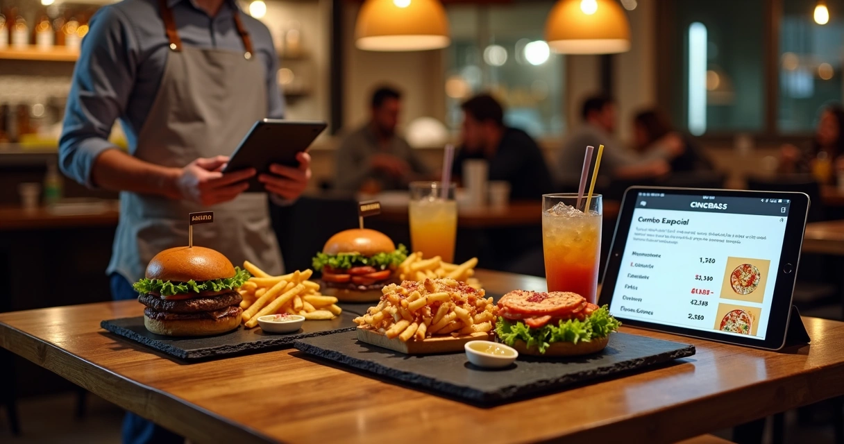 Garçom mostrando cardápio de combos sobre mesa de madeira com lanches variados 
