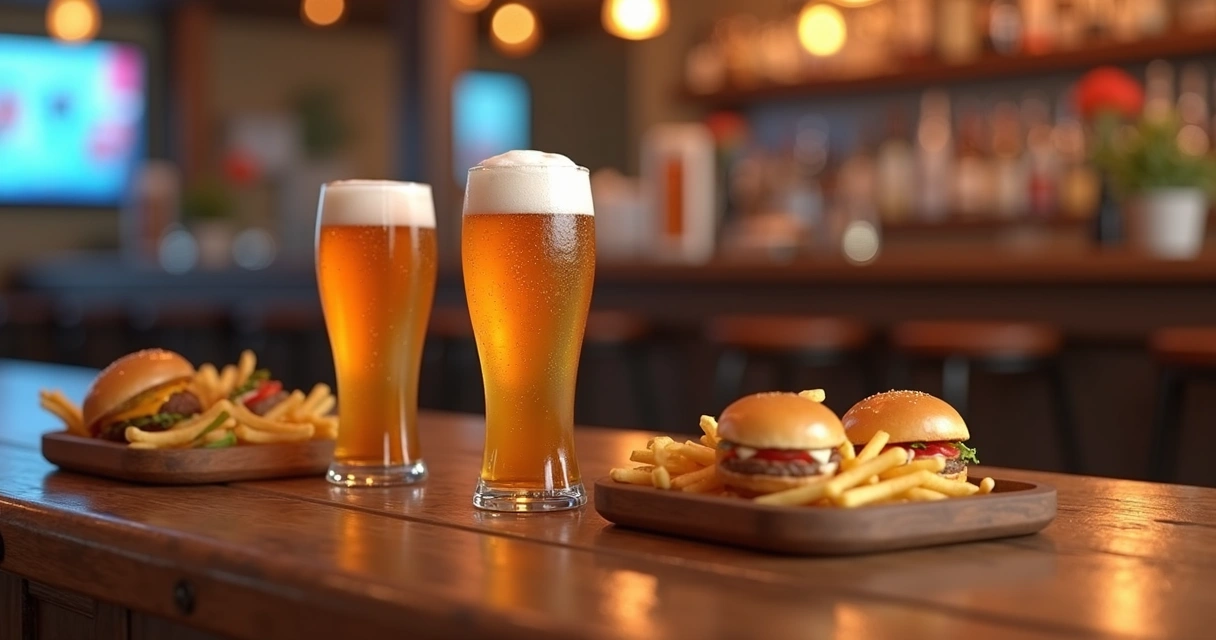 Combo de chopp e petiscos servido numa mesa de bar 