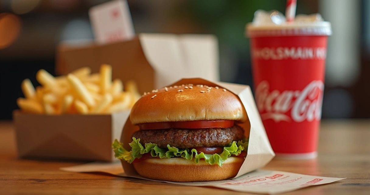 Combo de hambúrguer, batata frita e refrigerante em embalagem de delivery 