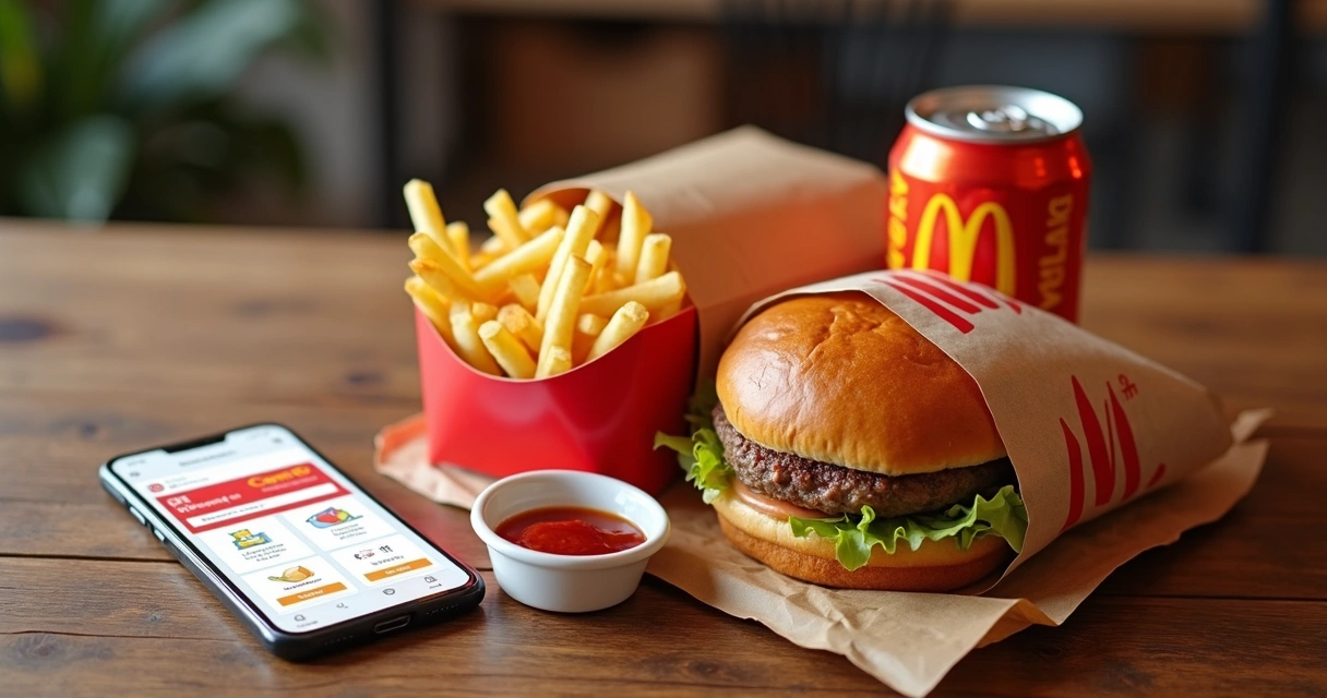 Combo de delivery com hambúrguer, batata e bebida sobre mesa