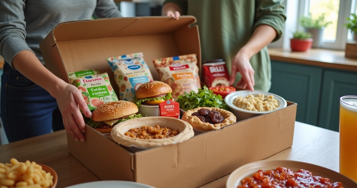 Delivery box aberta mostrando alimentos variados de diferentes marcas 
