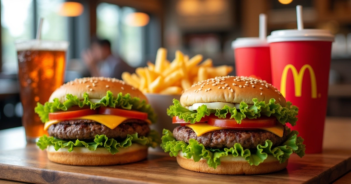 Combo promocional de fast-food com hambúrguer, batata e bebida 