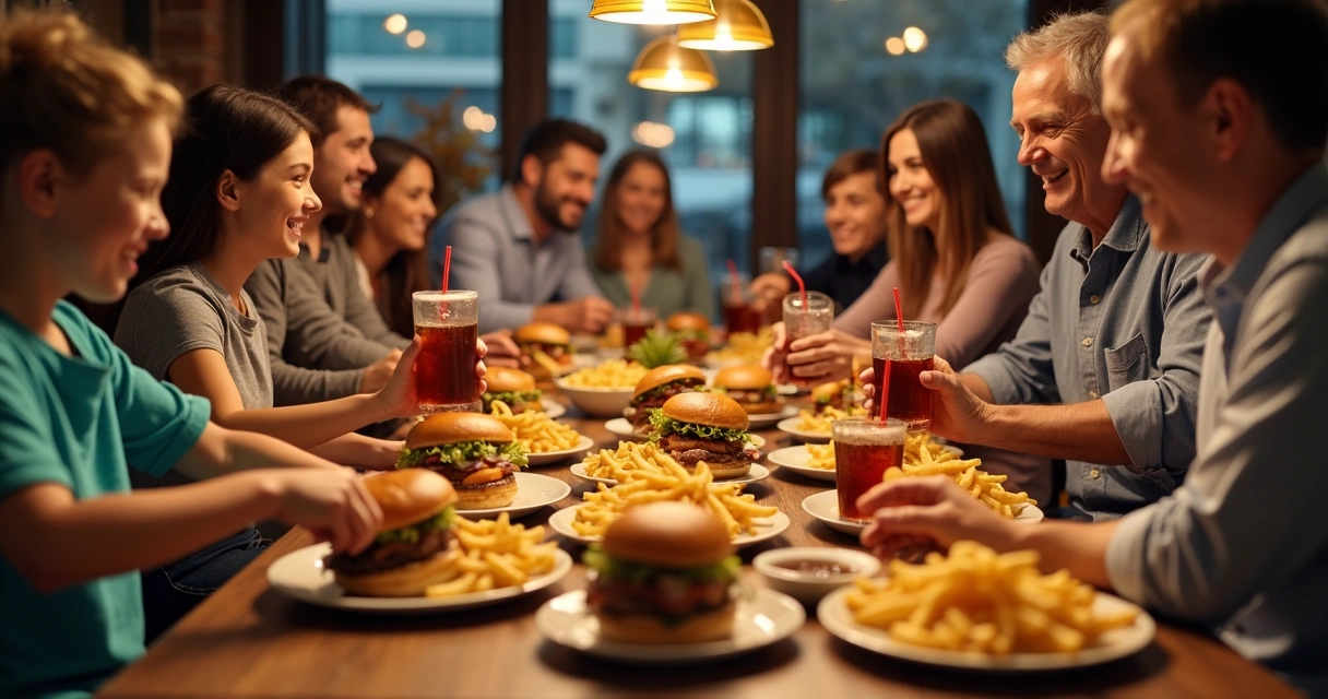Combo familiar com hambúrgueres, batatas e refrigerantes em uma mesa 