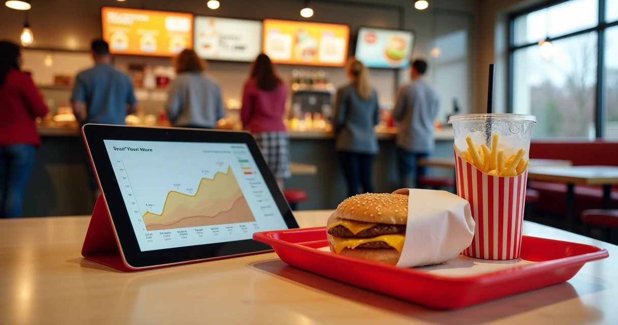 Bandeja de combo de fast food ao lado de gráfico de preços em subida 