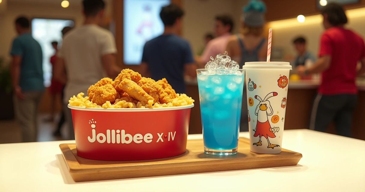 Embalagem temática do combo de frango frito da Jollibee com elementos de Final Fantasy XIV 