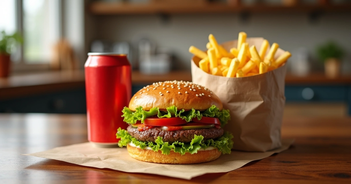 Combo de hambúrguer com batata e refrigerante em embalagem de delivery 