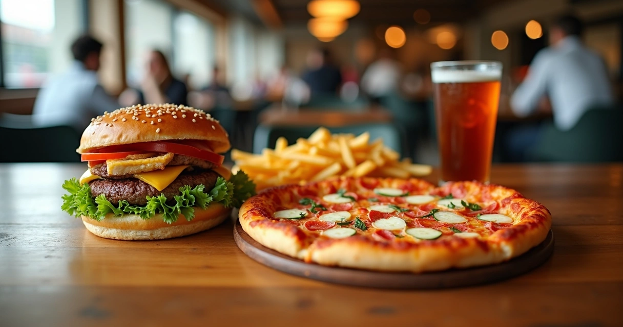Combo de hambúrguer, pizza, batata frita e refrigerante apresentados juntos em uma mesa de madeira 