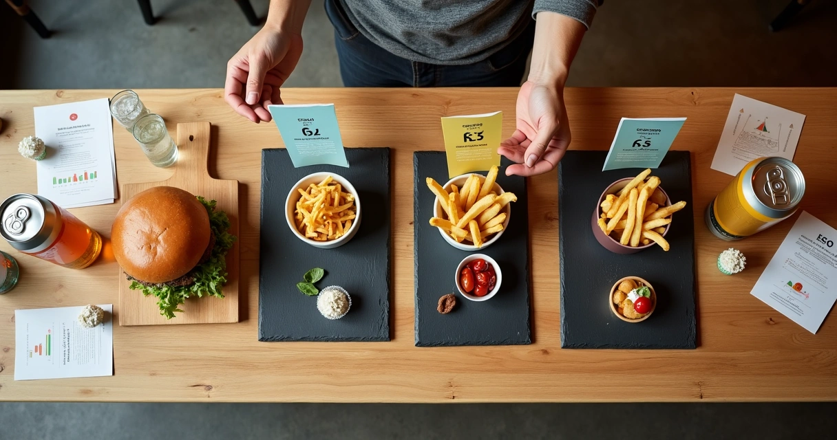 Cardápio vista de cima com combos de restaurante destacados e garçom reorganizando os itens 