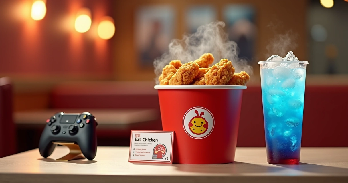 Balde de frango Jollibee com bebida azul temática ao lado de itens inspirados em Final Fantasy XIV 