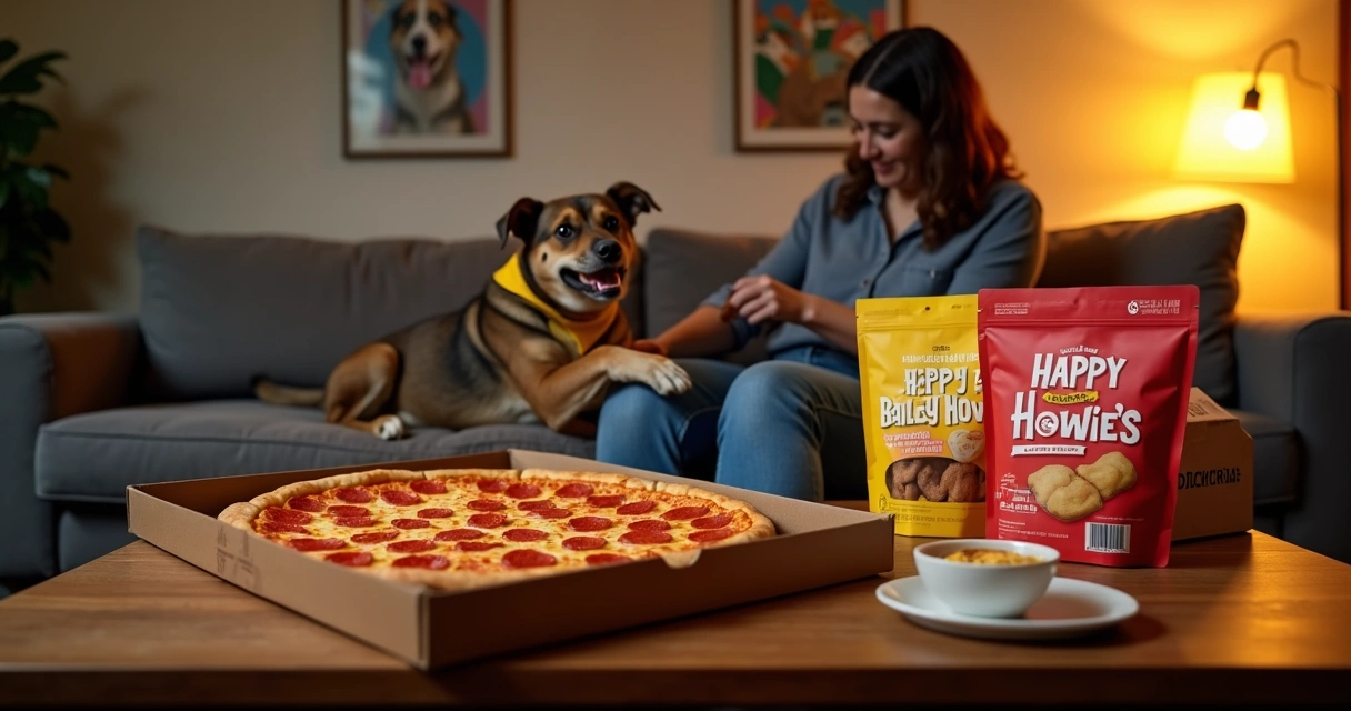 Tutor em sofá compartilhando combo de pizza Hungry Howie's com cachorro usando bandana 