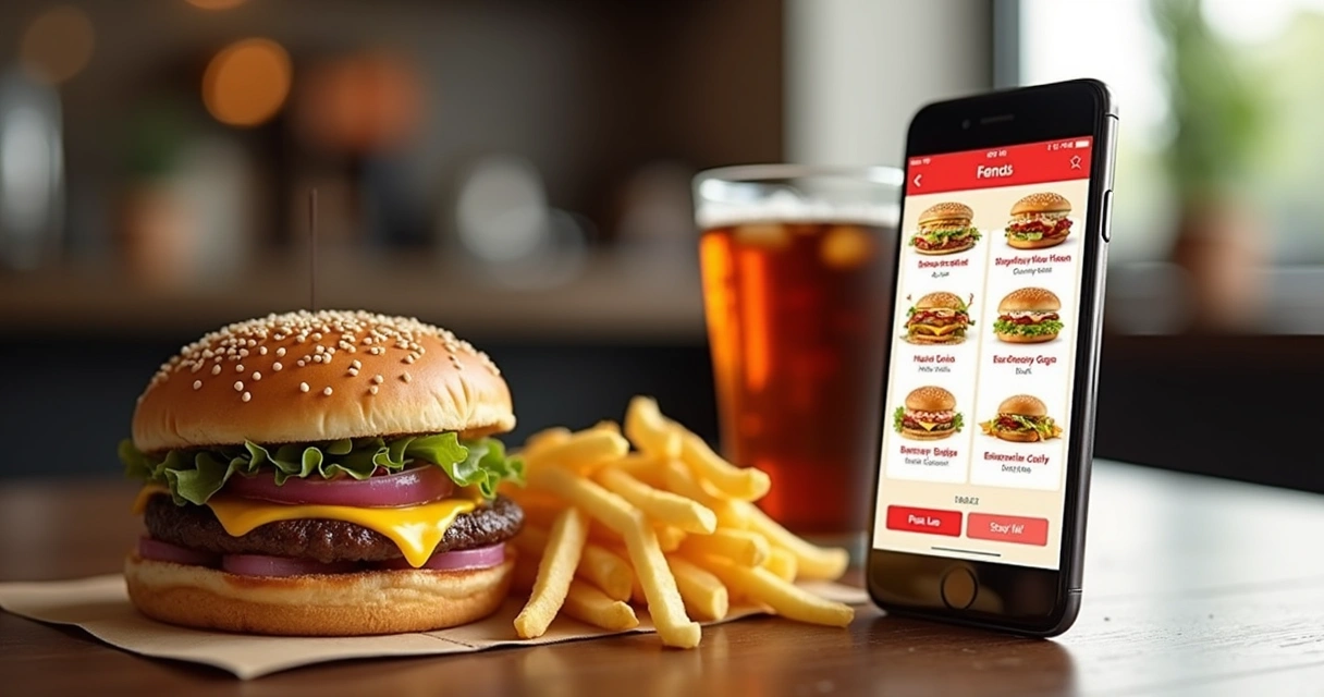 Combo de refeição com hambúrguer, batata frita e refrigerante ao lado de smartphone exibindo cardápio digital 