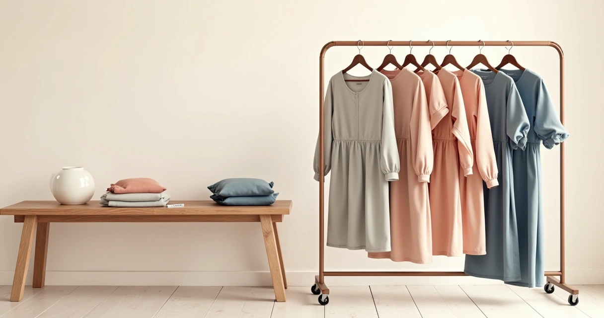 Saias, camisetas e vestidos em tons neutros distribuídos sobre mesa de madeira 