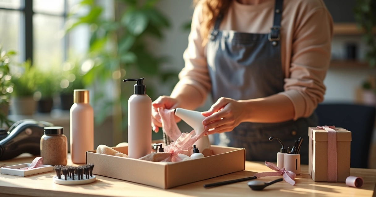 Combo de serviços de salão de beleza em mesa de madeira 