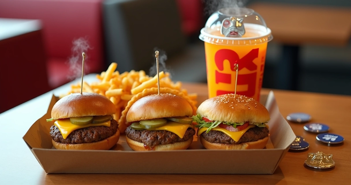 Combo de sliders com tacos, batata curly e copo colecionável sobre mesa moderna 