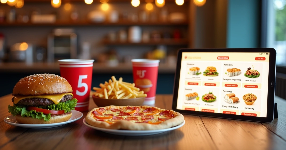 Mesa com combos de comida ao lado de tablet exibindo cardápio digital de delivery 