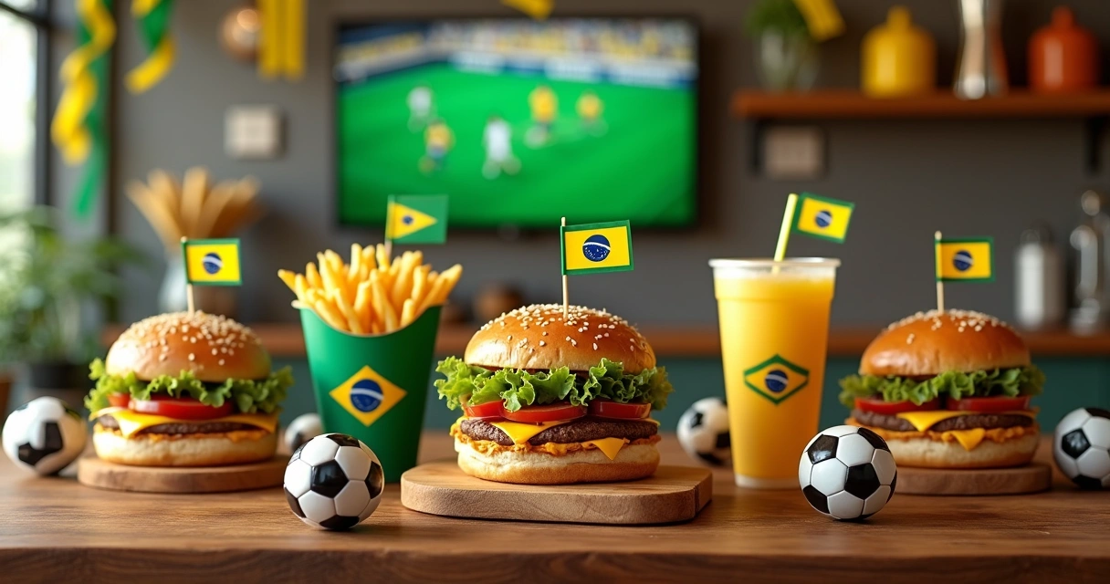 Combos temáticos de Copa com hambúrguer, batatas fritas e refrigerantes decorados com bandeiras 