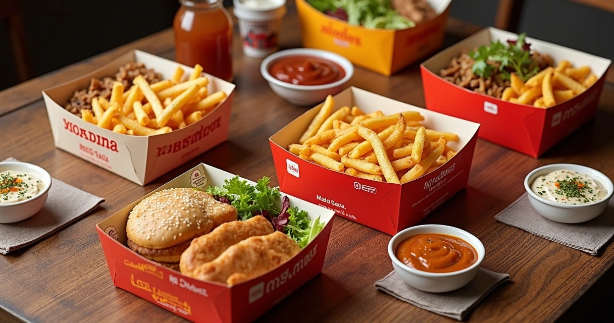 Combos de alimentos variados em embalagens de delivery sobre superfície de madeira 